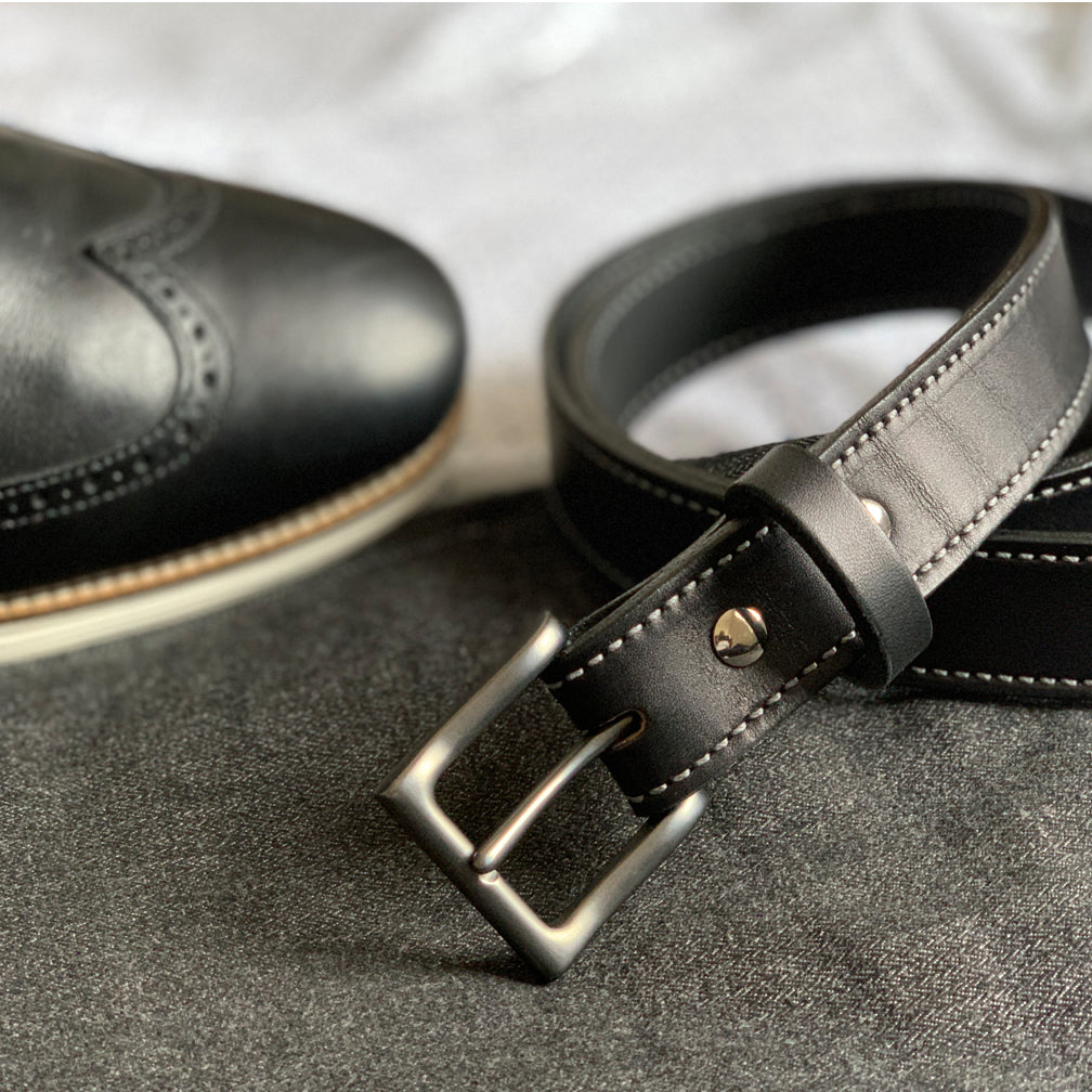 Black Full Grain Stitched Leather Casual Belts 01