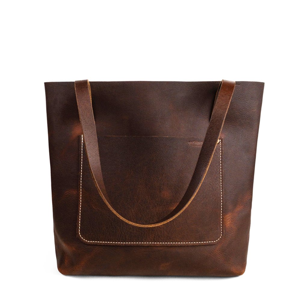 Brown Handmade leather shoulder tote | Pebbled Pitstop